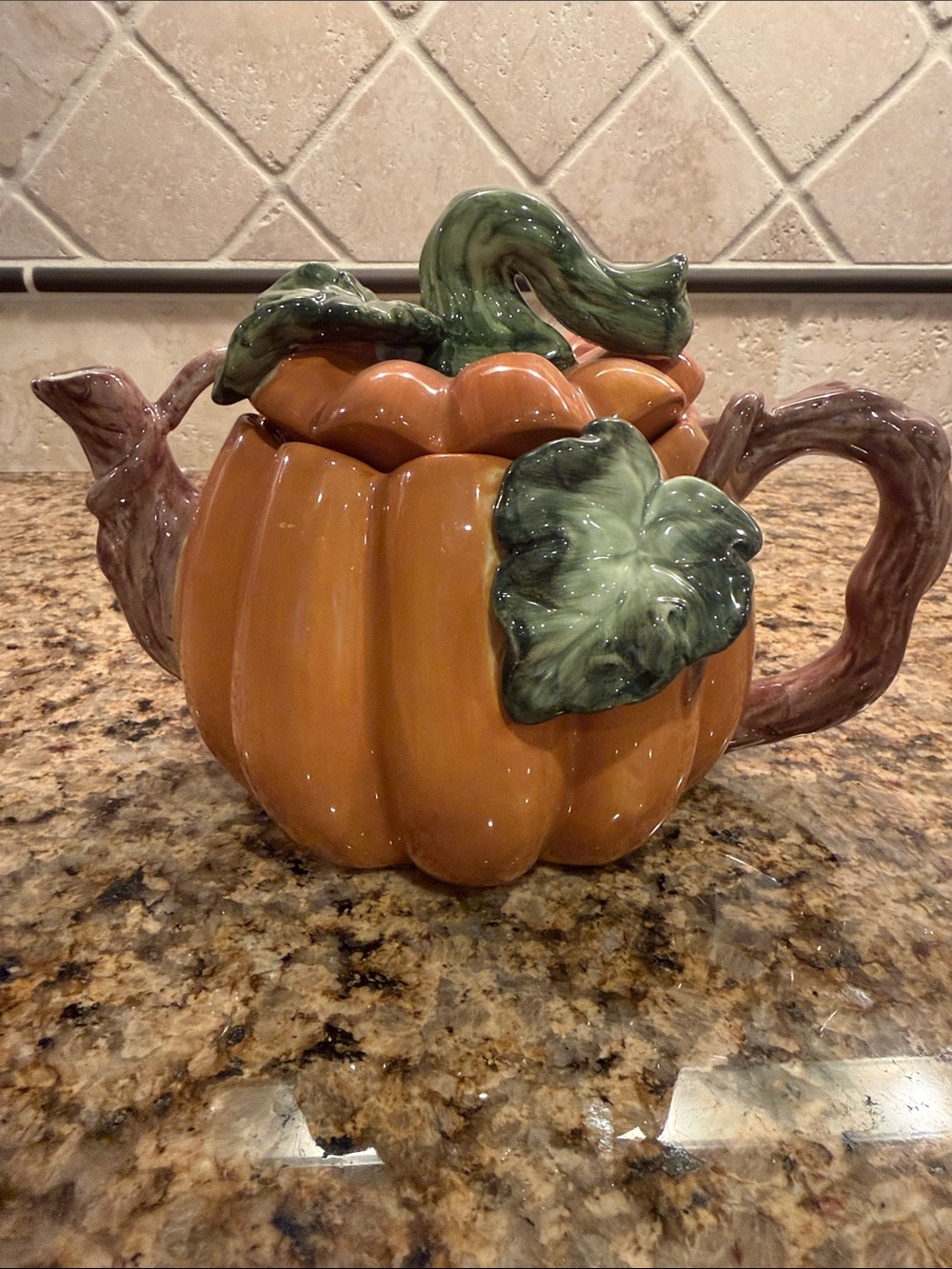 Ceramic Pumpkin Teapot with Green Leaf Accent